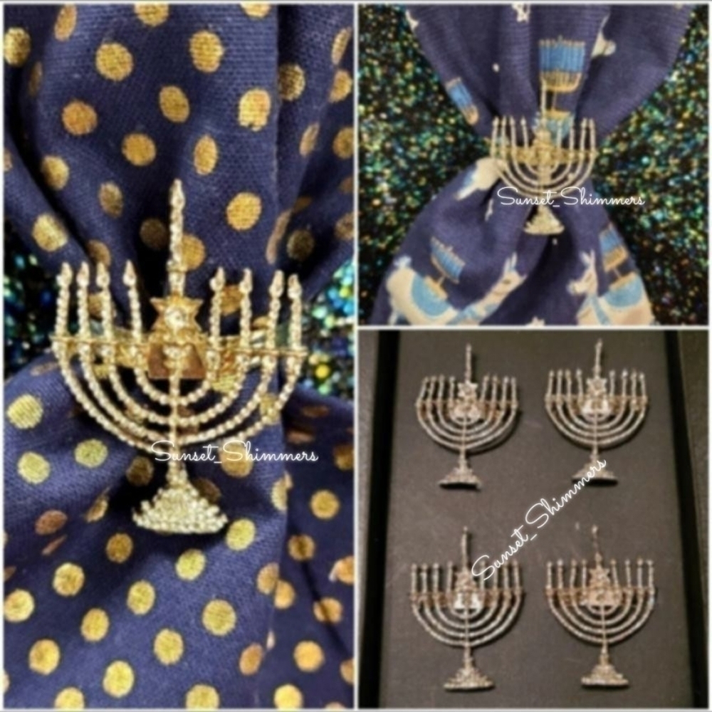 𝅺4PC Set Silver Hanukkah Napkin Rings Rhinestone Crystal Minorah 2.5" New